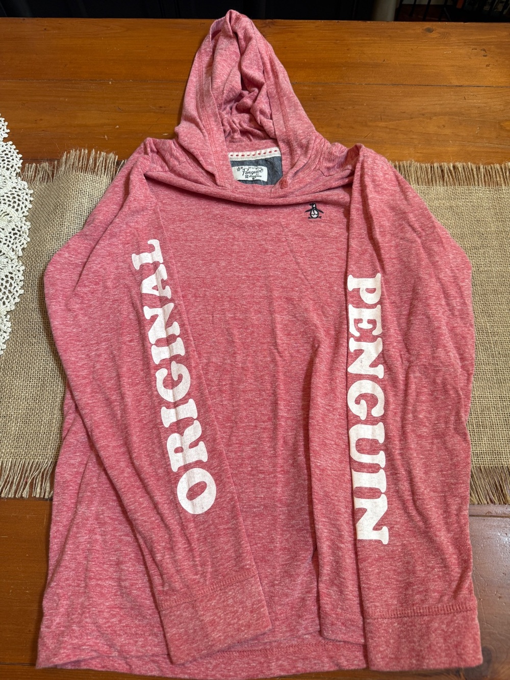 Original Penguin Heather Pink Hooded Long Sleeve Tee with White Sleeve Text